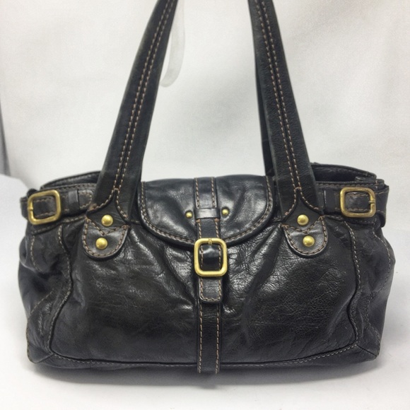 Fossil Handbags - Black Fossil Leather Satchel Handbag Tan Topstich